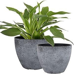 Flower Pots Outdoor Indoor Garden Planters, Plant Containers with Drain Hole, Rock Grey (8.6 + 7.5 Inch)