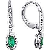 KOKAV 14K White Gold Genuine Emerald/Sapphire/Ruby Dangle Earrings with Diamonds