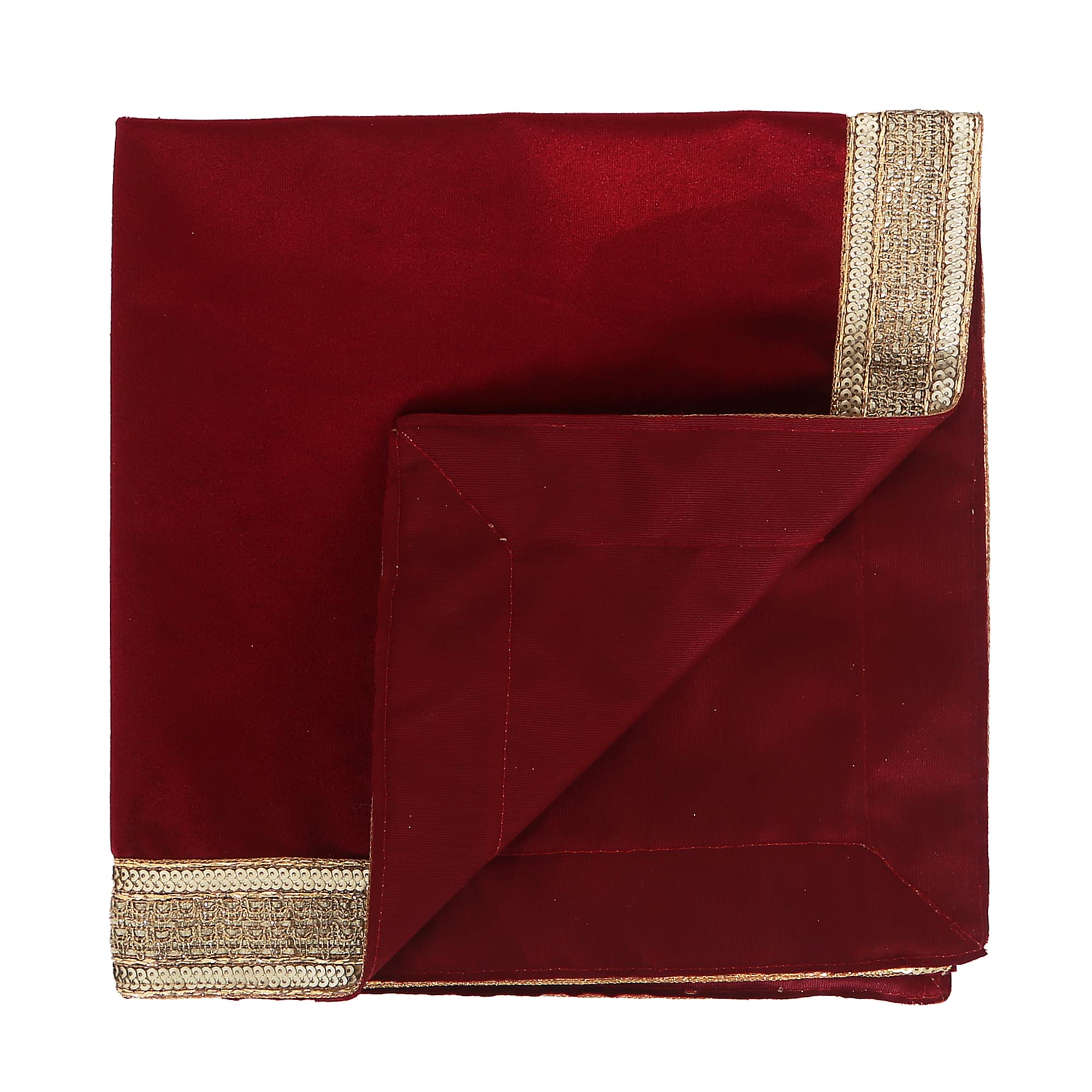Indian Consigners Red Velvet Pooja Cloth With Golden Shinny Border - Aasan Pooja Tablecloth for Holy Square Altar