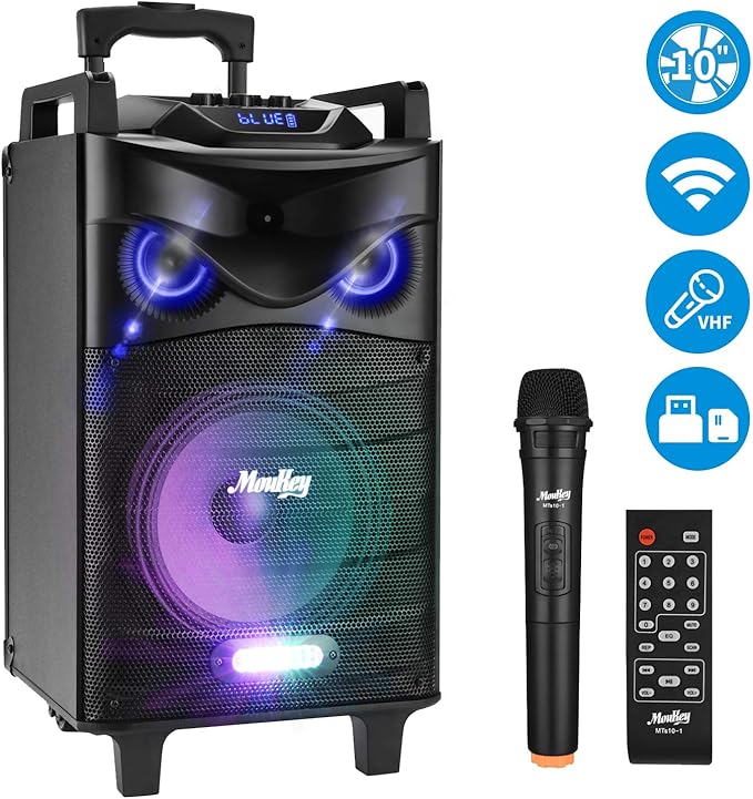Moukey Portable PA Speaker Karaoke System 540W with Wireless VHF Aux