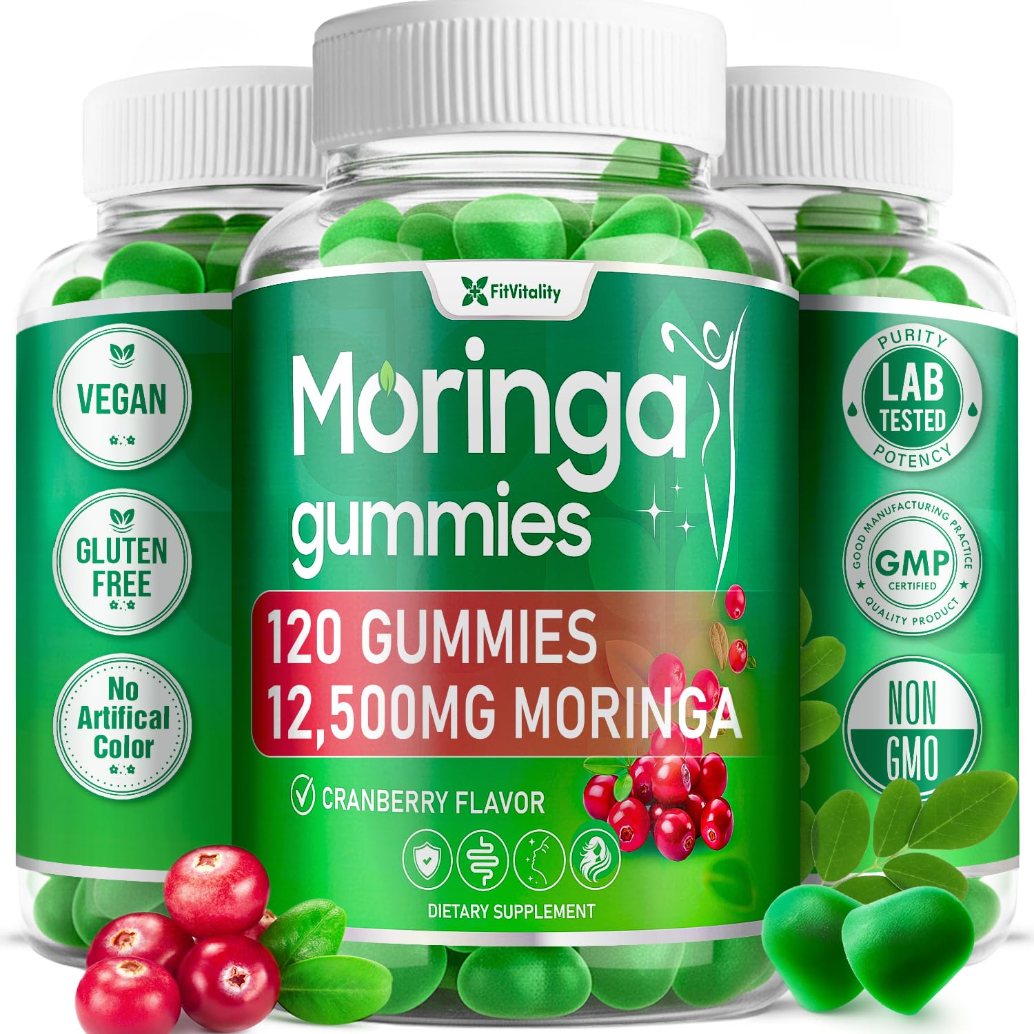 FitVitality Moringa Gummies with Ginger, Turmeric & Probiotics | 120 Vegan, Sugar-Free Chewables | 12,500mg Moringa Equivalent per Serving | Plant-Based Pectin Formula with Vitamin C Image