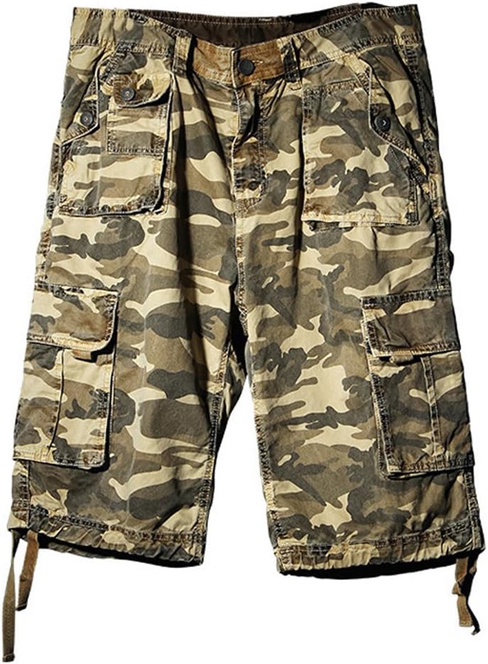 Hestore Men's Camo Cargo Shorts Cotton Loose-fit Khaki Size W38