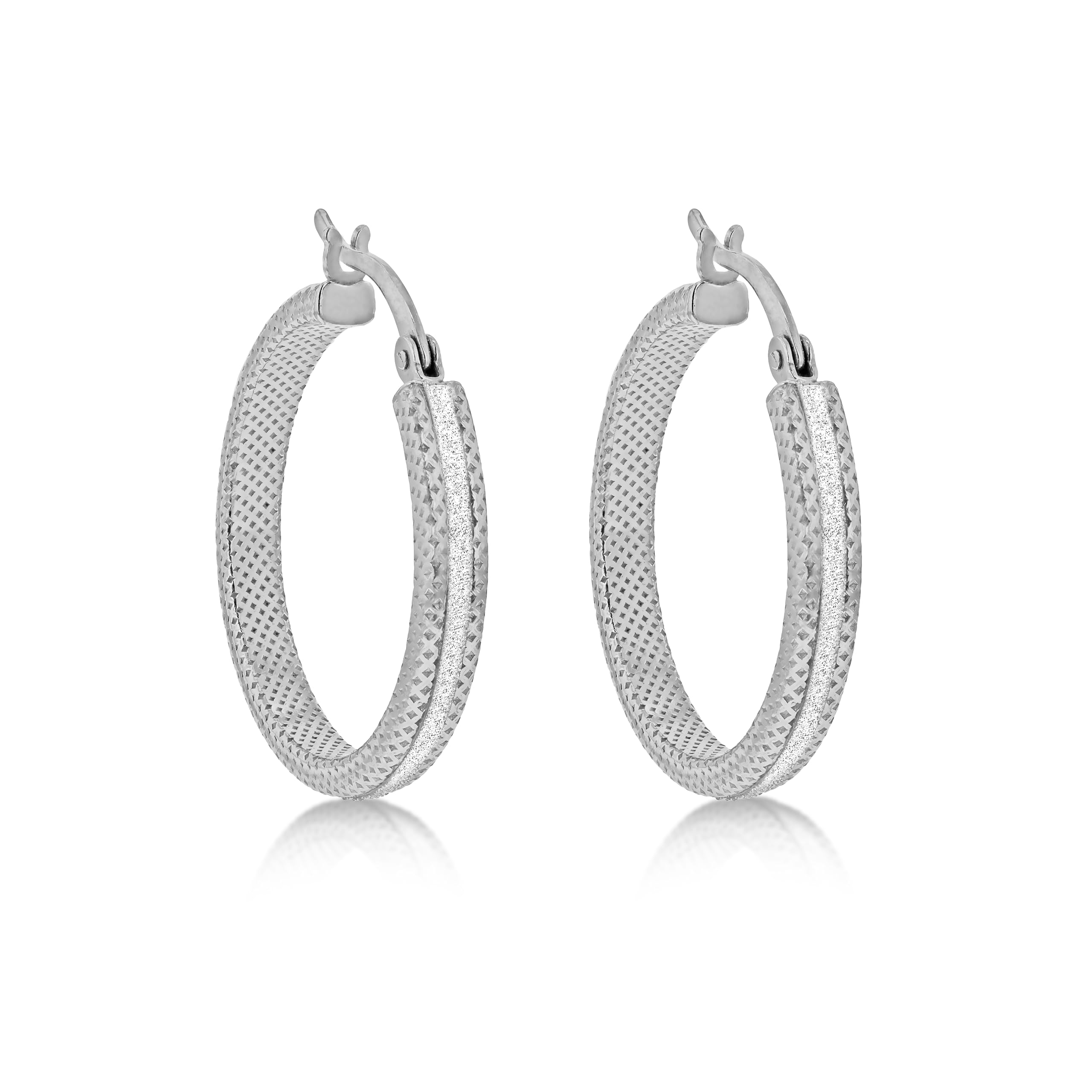 Tuscany Silver Women's Sterling Silver Rhodium Plated 25 mm Textured Stardust Creole Earrings