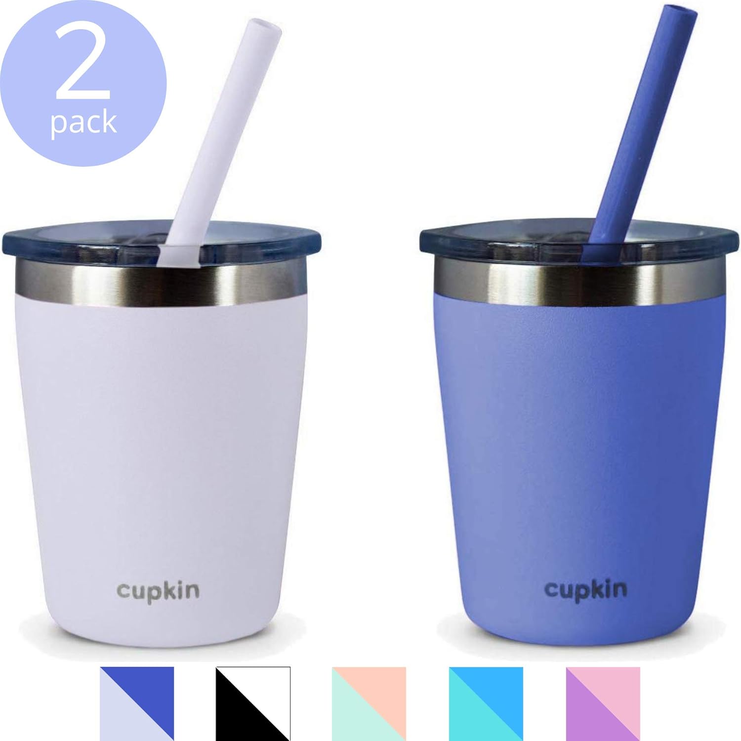 Stackable Stainless Steel Cups for Toddlers & Kids (EASY to Clean) - Set of 2 Powder Coated 8 oz Vacuum Insulated Tumblers, 2 Non BPA Lids and 2 Food Grade Reusable Silicone Straws (Peach + Green): Kitchen & Dining