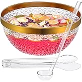 NiHome Plastic Punch Bowl with Ladle and Tong for Parties, Weddings, BBQs, 1.4 Gallon Gold Trim Clear Beverage Serving Bowl Complete Set for Cocktails, Salads, Snacks, Easy to Clean