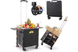 FELICON SELORSS Folding Utility Cart Portable Rolling Crate Handcart with Magnetic Sliding Lid Telescoping Handle Plastic Box Dolly 360°Swivel Wheels for Travel Shop Move Office Teacher(Black Pro)