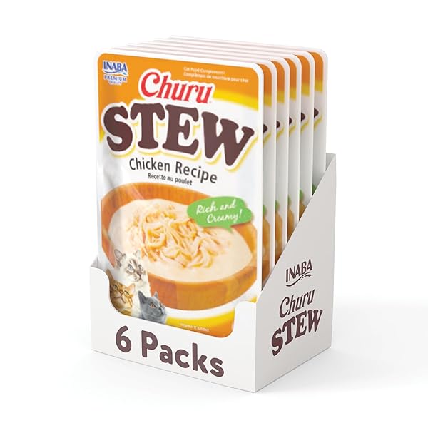 INABA CHURU STEW FOR CATS, CREAMY BROTH GELÉE WITH SHREDDED CHICKEN TOPPER/TREAT POUCH WITH VITAMIN E, 1.4 OUNCES PER POUCH, 6 POUCHES TOTAL, CHICKEN RECIPE