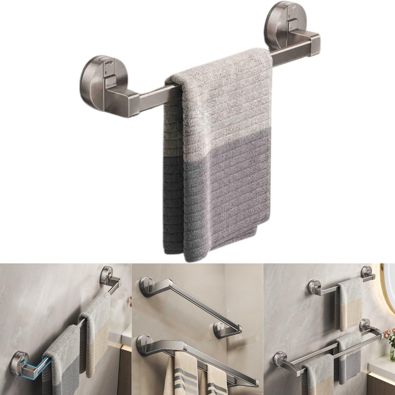 Boxonly Suction Towel Rack for Bathroom, Wall-Mounted Single Bar, Heavy-Duty Stainless Steel, Gun Gray, 30cm