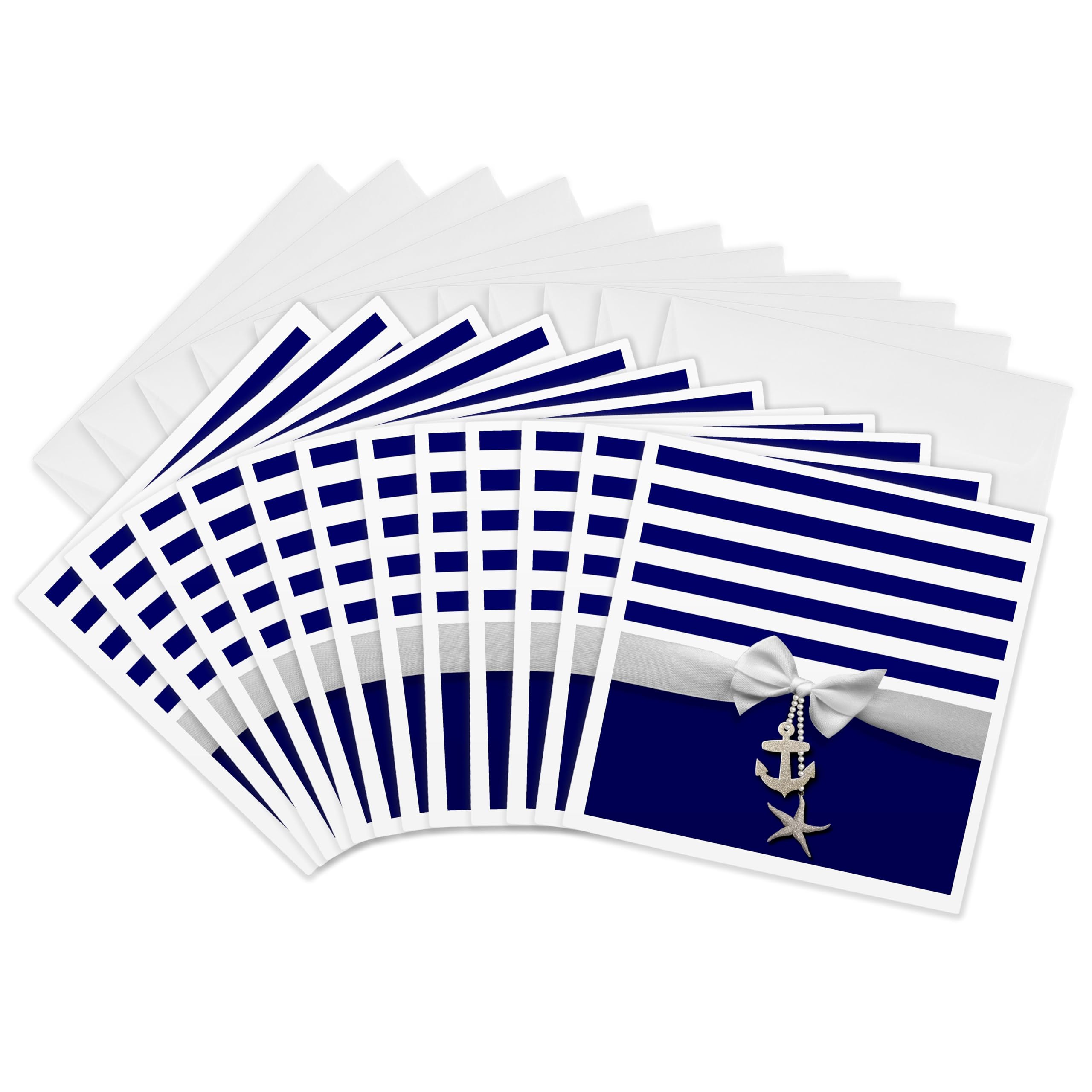 3dRose gc_151234_2 6 x 6-Inch "Nautical Navy Blue and White Stripes - 2D Ribbon Bow Graphic and Printed Anchor and Starfish Charms" Greeting Card (Set of 12)