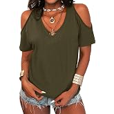 Eurivicy Womens Summer Cold Shoulder T-Shirt Casual Short Sleeve V Neck Top | Basic Tee,Blouse,Loose Fit,Off Shoulder Top,Solid