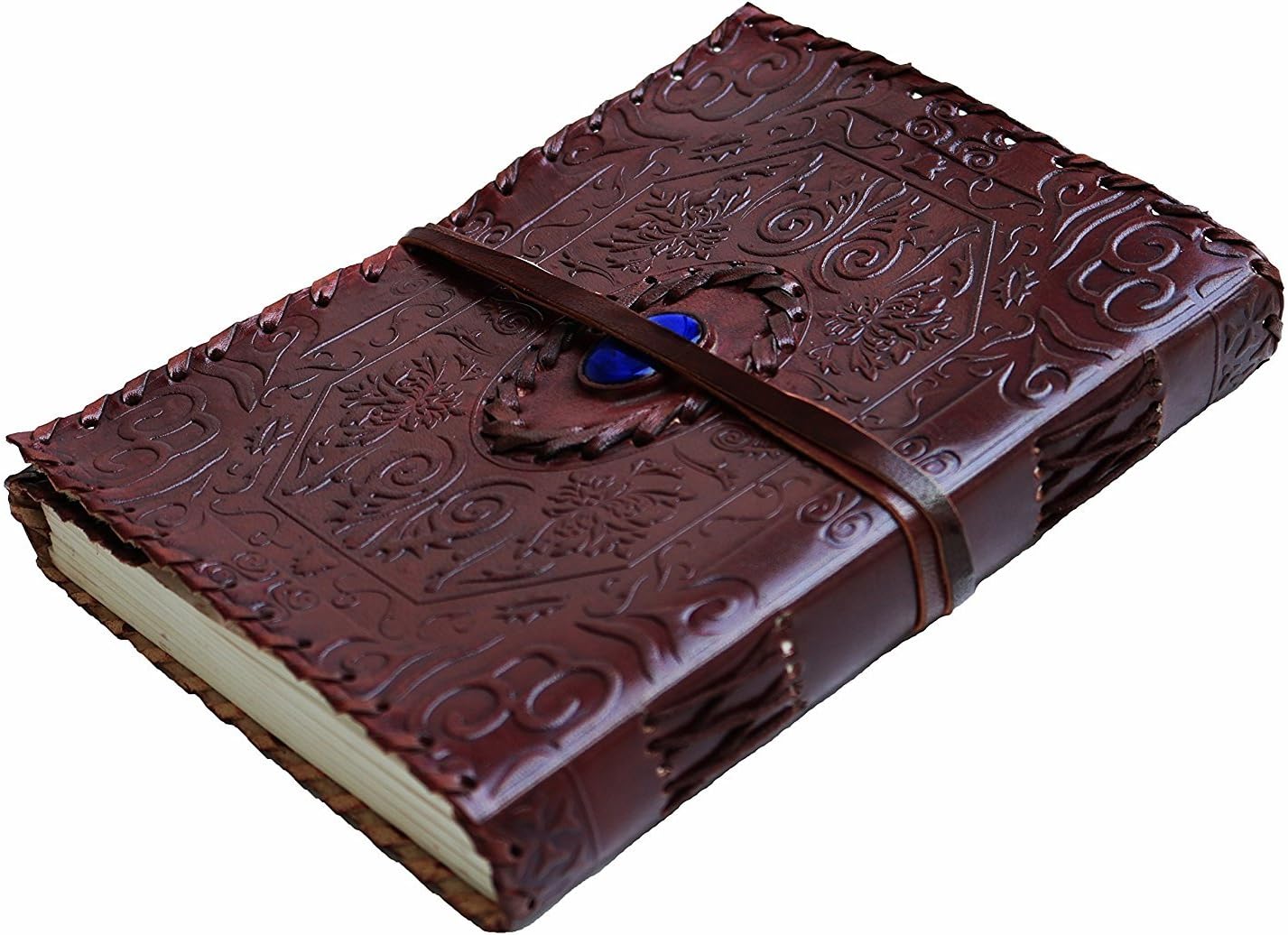 A5 Leather Journal with string closure & stone Writing Pad Blank Notebook Handmade Notepad For Men & Women Unlined Paper Art Sketchbook Travel Diary To Write Book Of Shadows Refillable Grimoire Large