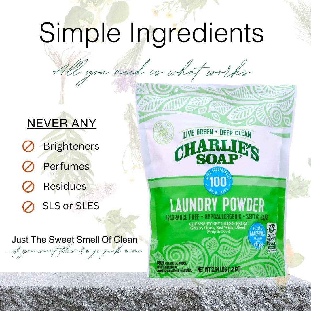 Charlie’s Soap Laundry Powder (100 Loads, 1 Pack) Fragrance Free Hypoallergenic Plant Based Deep Cleaning Laundry Powder – Biodegradable Eco Friendly Sustainable Laundry Detergent