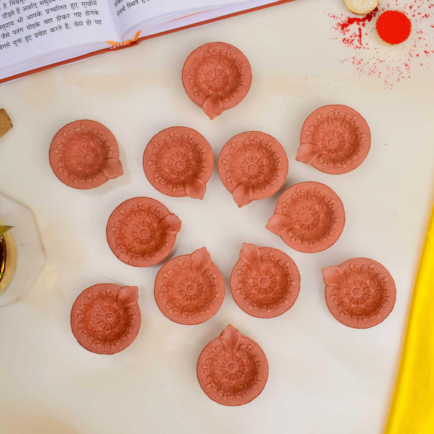 SATVIK 12 Pc Set of Clay Diya with Cotton Wicks Batti Traditional Terracotta Natural Earthen Oil Lamp Deepak Welcome Dia Diwali Deepawali Decoration Kutthu Vilakku Deep Indian Gift Items