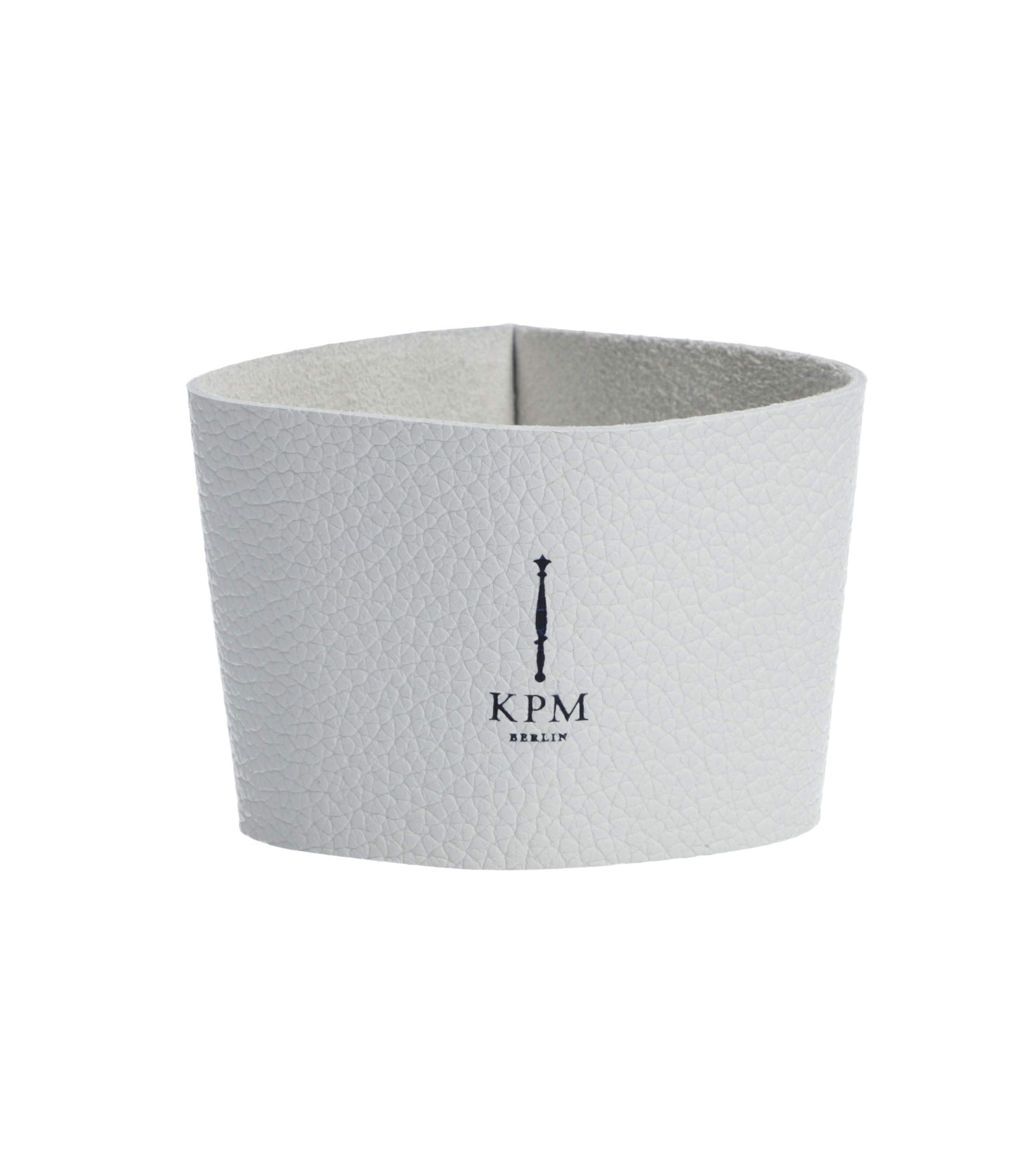 KURLAND Leather Cuff for to-go Mug Porcelain by KPM Berlin - Coffee Mug to Go - Tea to Go - The Environmentally Friendly Style Statement for Coffee & Tea - White Leather Cuff with Blue Logo