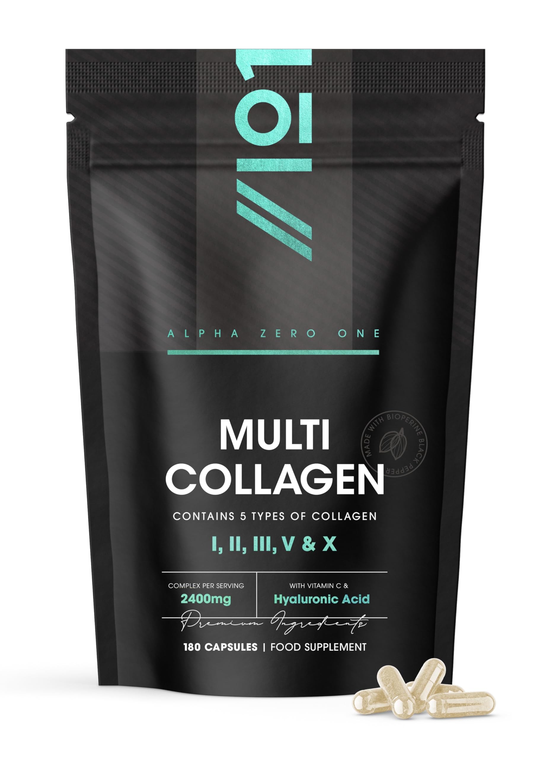 Multi Collagen 2400mg – Types I, II, III, V & X – 180 Capsules – Wild Caught Marine, Grass Fed Bovine, Eggshell & Free-Range Chicken Collagen Powder, with Hyaluronic Acid & Vitamin C – by Alpha01