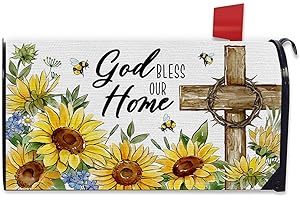 FBCOO God Bless Our Home Religious Mailbox Cover Magnetic Standard Size 21"x19", Faith Cross Sunflower Flower Fall Decorative Post Letter Box Decor, Autumn Spring Summer Garden Yard Outdoor Decoration