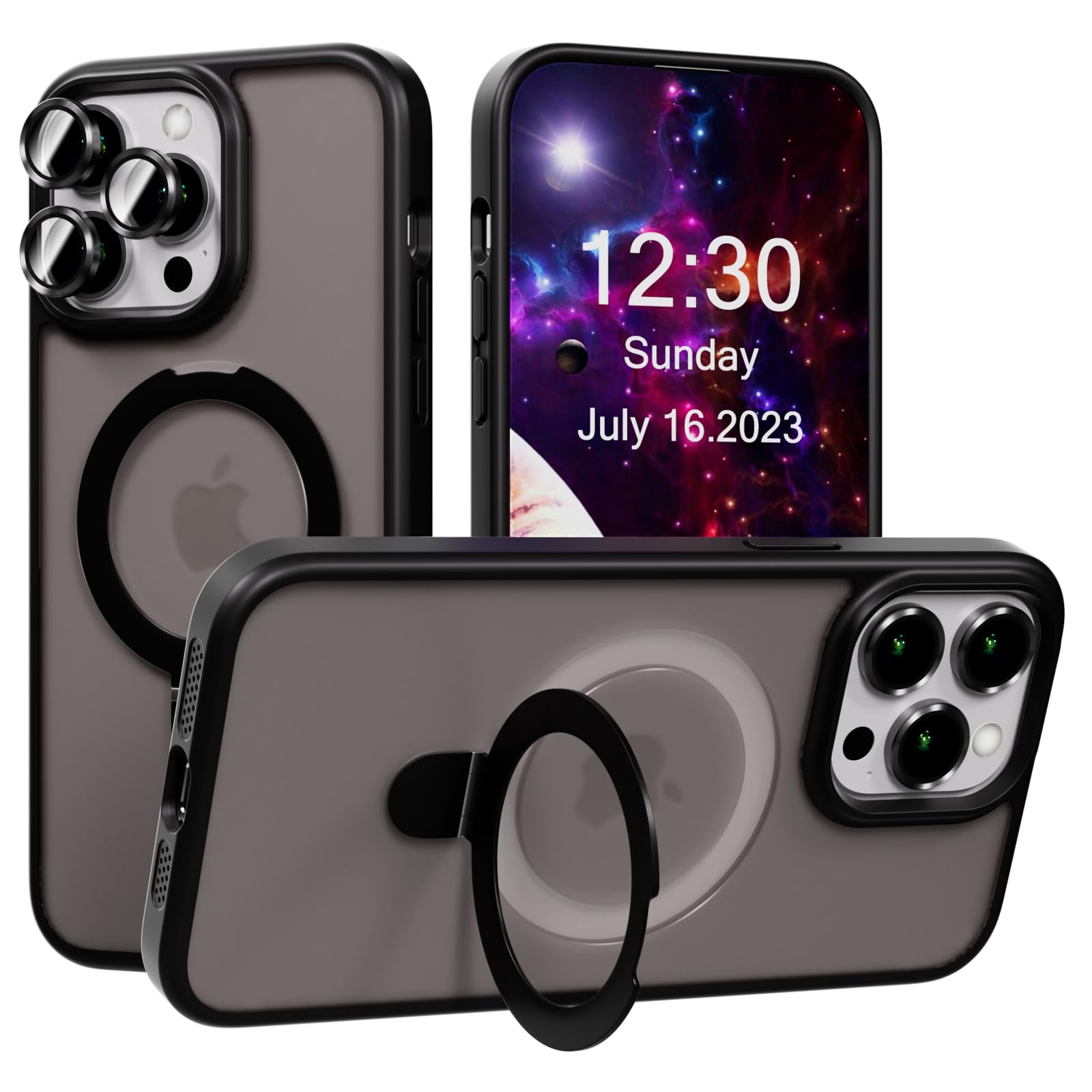 AKABEILA Case for iPhone 13 Pro Case with 3 Pcs Camera Lens Protector Frosted Matte Phone Case Cover Wireless Charging Magnetic Ring Stand 6.1 Inch Black โ image 1