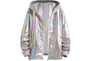 Metallic Jackets for Men's Zipper Hooded Reflective Holographic Jackets Sun Protect Shiny Sparkle Jacket