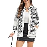 CUFEZN Women Checkered Knit Cardigan Open Front Long Sleeve Plaid Checkerboard Chunky Sweater Outwear with Pockets