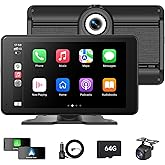Carplay Screen for Car with 4K Dash Cam, 7'' Wireless Portable A-pple CarPlay & Android Auto Touch Screen Car Stereo with 108