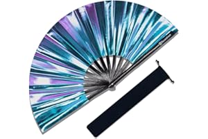 Raveahem Large Rave Fan, Clack Folding Hand Fan with Premium Fabric, Thick Bamboo Frame for Men Women Gift for EDM, Festival, Club, Party, Dance, Decoration (Holographic Blue-Purple, 13")