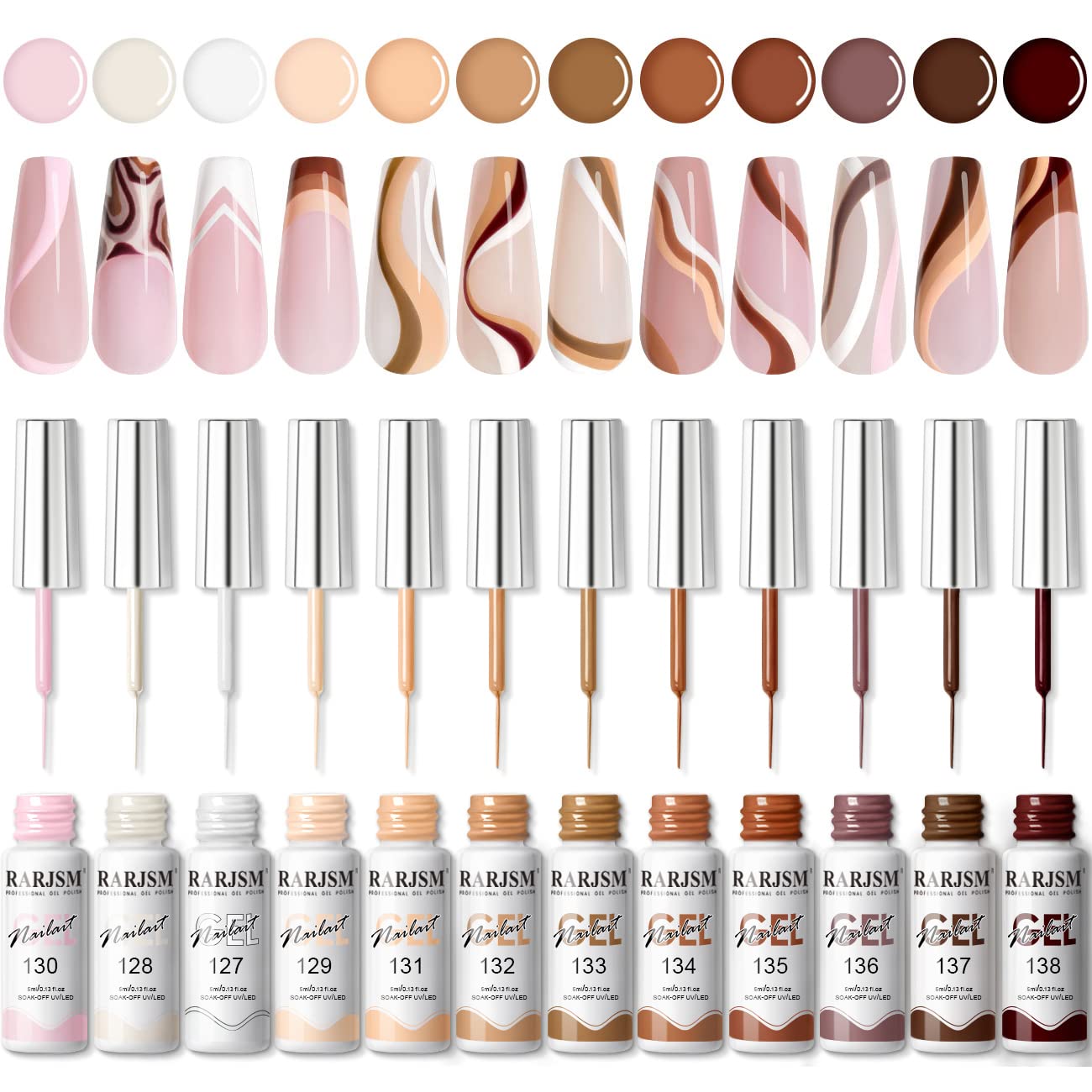 RARJSM Gel Nail Art Liner Nude Painted Gel Nail Polish Set 12 Colors 5ml Pink Brown Line Art Gel Polish Build in Thin Sharp Pen Brush for Swirl Nails Striper Painting Soak Off Curing Requires