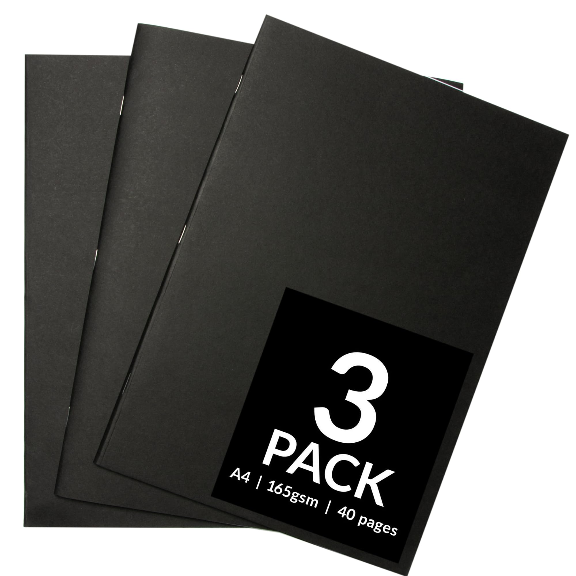 ARTISTIK Black A4 Sketchbook with Soft Cover – 40-Pages Staple-Bound Sketch Book with 165 GSM White Cartridge Paper & Drawing Pad for Mixed Media Use (Pack of 3)