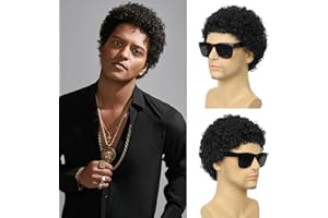Tereshar Mens Short Curly Hair Wig + Glasses for Male 70s 80s Disco Wig Guy Afro Curly Black Rocker Wig Buddy Elf Costume Halloween Cosplay Party Wigs（1B）
