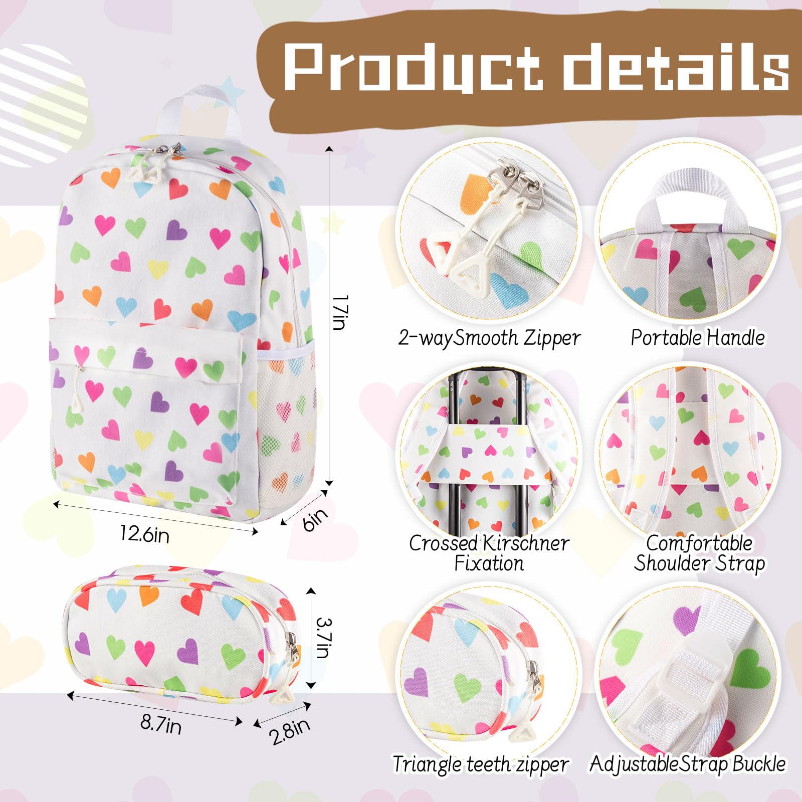 Redbaker 6 Pcs Kids Luggage Set 17 Inch Kids Rolling Luggage Double Pattern Suitcase for Girls Boys Gift(White,Love Style)