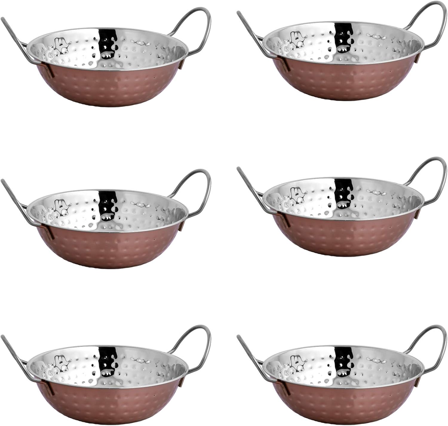EVOKK Set of 6 Indian Copper Balti Dishes 20cm Traditional Curry Bowls with Handles Handcrafted Copper Pots for Indian Food & Restaurant Serving - Image 3
