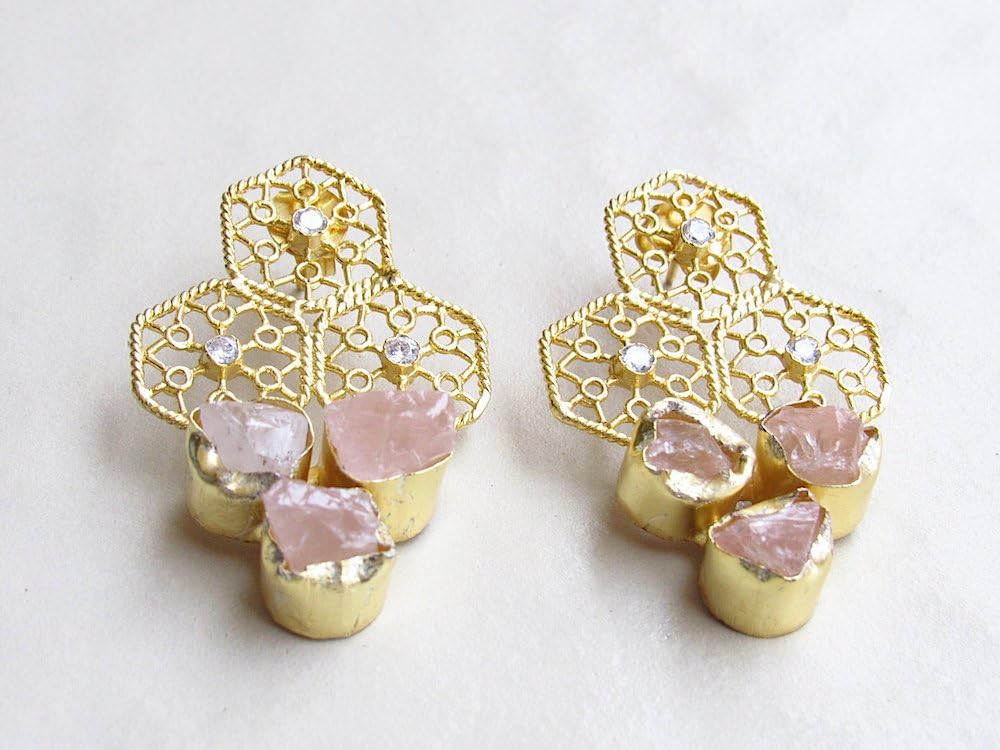 Gold Filigree Earrings with Raw Rose Quartz and Zircons/Indian Earrings/Dangle Earrings/Raw Gemstone Earrings