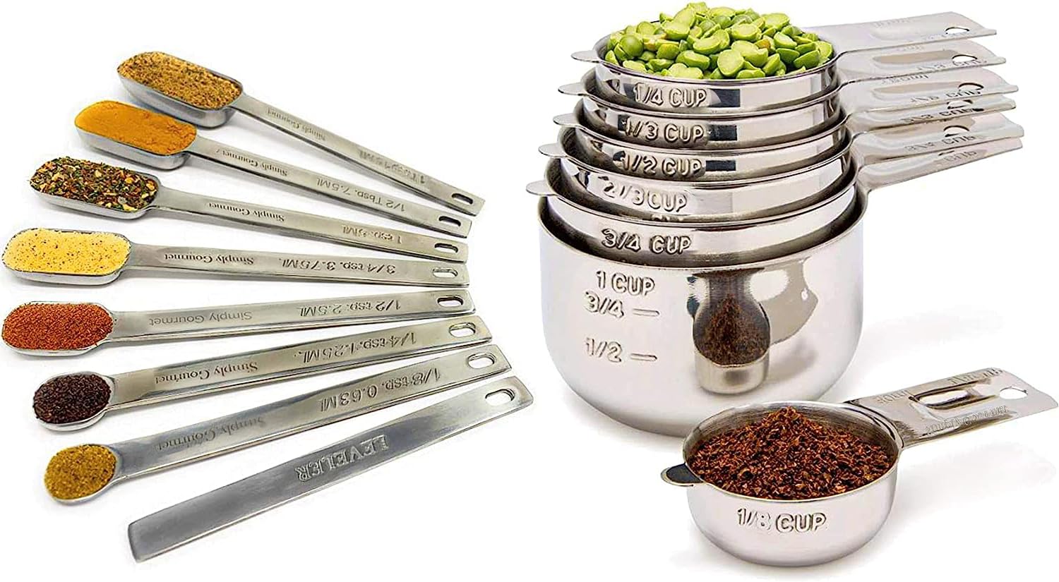 Simply Gourmet Measuring Cups and Spoons - Set of 15pc, Heavy-Duty, Stainless-Steel Measuring Spoons and Measuring Cups for Baking & Cooking - Dishwasher-Safe Kitchen Accessories