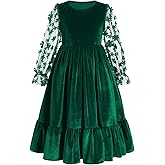 IDOPIP Girls Mesh Long Sleeve Velvet Dress 3D Flower Winter Fall Ruffle Dress Prom Christmas Christening First Communion Gown