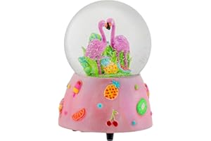 Elanze Designs Wind Up Musical 80MM Sturdy Polyresin Glitter Water Snow Globe Magical Whimsical Tabletop Dresser Nightstand Figurine Decoration (Pink Summer Flamingo)