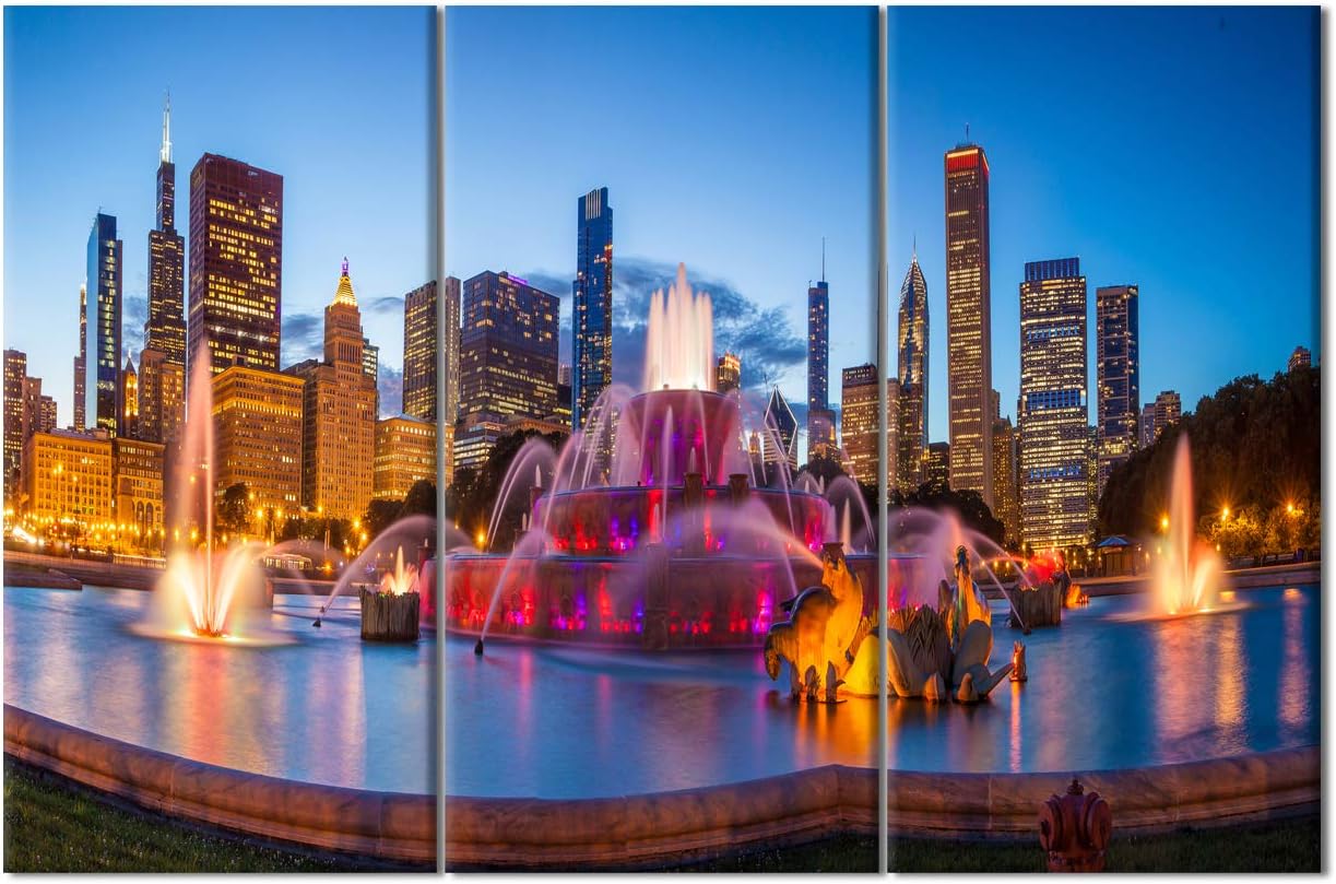 Paintings - TUMOVO 3 Piece USA City Landscape Canvas Wall Art - Chicago City Landmarks Buckingham Fountain Panorama at Night with Urban Skyscrapers - Gallery Wrap Modern Home Decor | Ready to Hang - 42