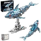 Funxinee Mechanical Blue Dolphin Building Blocks Linkage Kit, Sea Animal Model with Lighting, Display Stand, STEM Power Toy, DIY Desktop Ornament for Kids & Adults Ages 12+, Birthday Gift Idea, 888pcs
