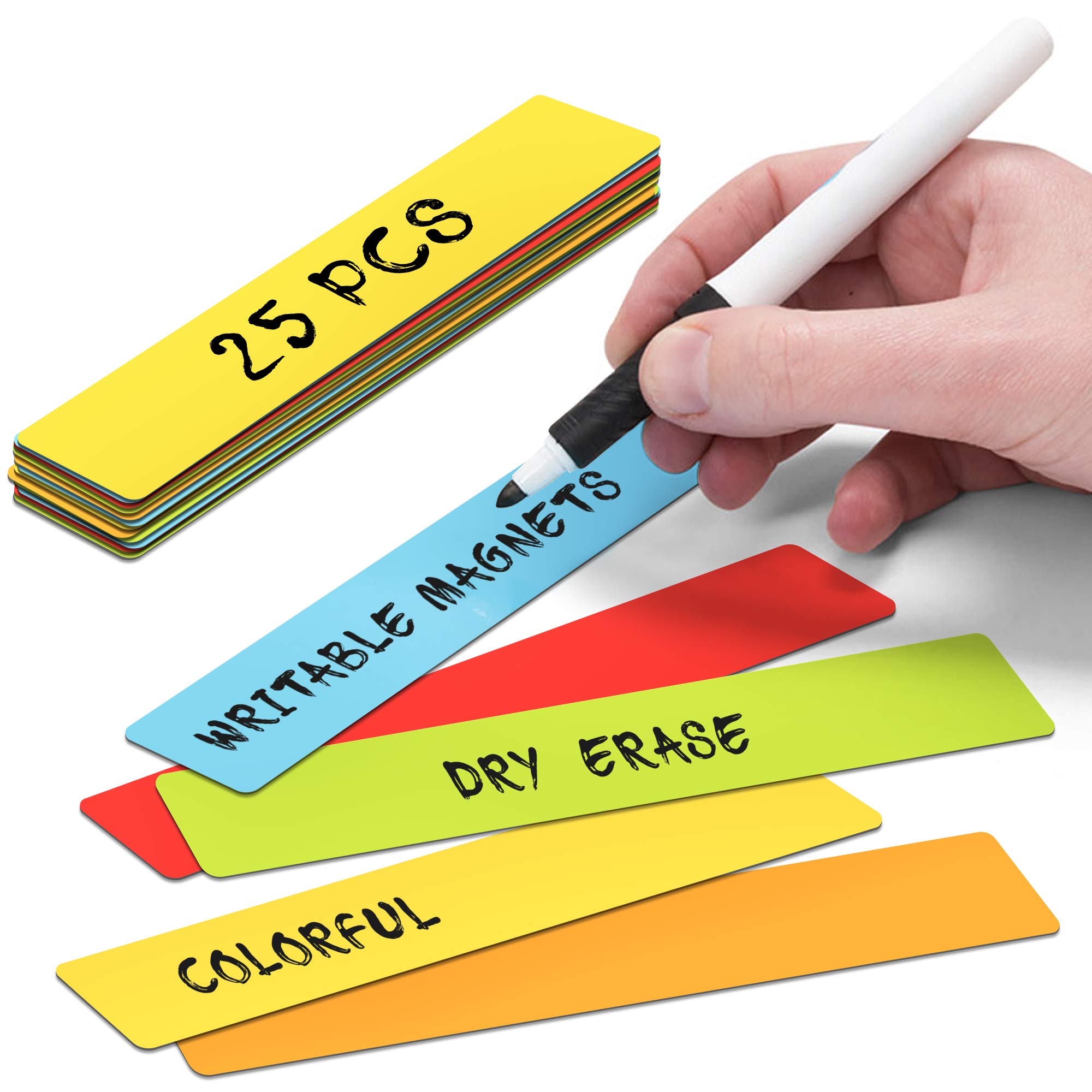 Magnetic Notes or Magnetic Sticky Notes 6 x 1 Inch - Mix (5 Colors) - Set of 25 Magnets - Dry Erase - Write, Clean and Reuse