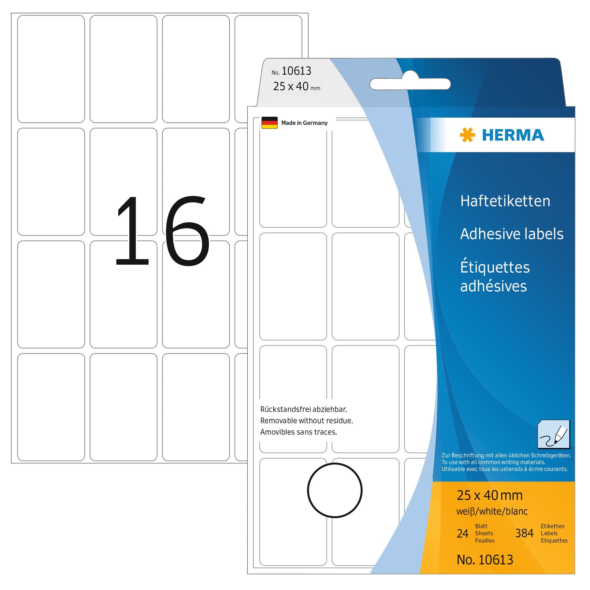 HERMA Removable Labels, 16 Labels per Sheet, 24 Sheets, 25 x 40 mm, 384 Labels, Self Adhesive Small Labels Stickers, Blank Sticky Multi Purpose Labels for Office Kitchen Home, White