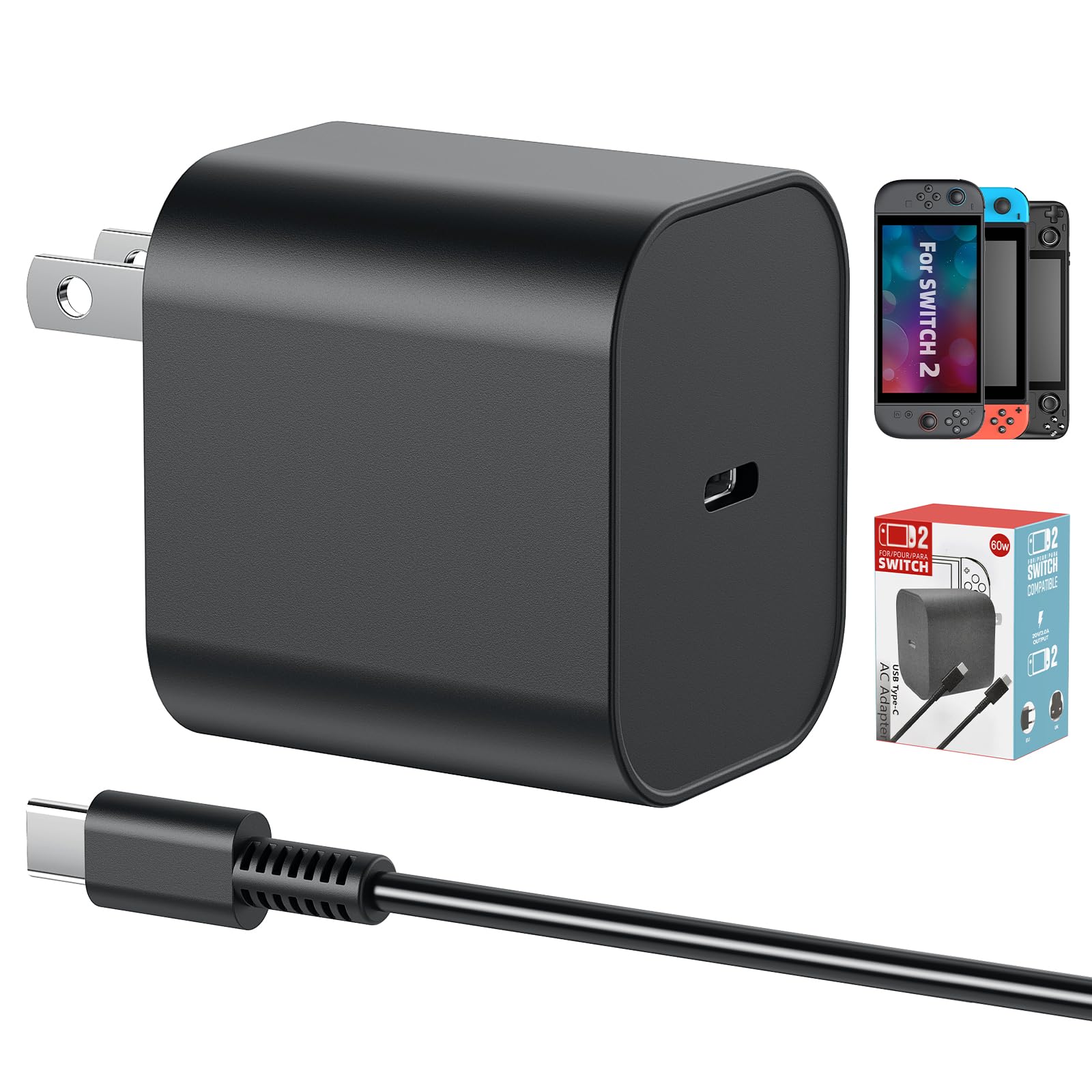 Switch 2 Charger - 60w AC Power Adapter for Nintendo 2/1 with 5FT/1.5M Official Length, Support 4K TV Dock, PD 3.0 Fast Charging Supply 20V/3A for Switch Chargers [Replacement for OEM Switch2 Charger]