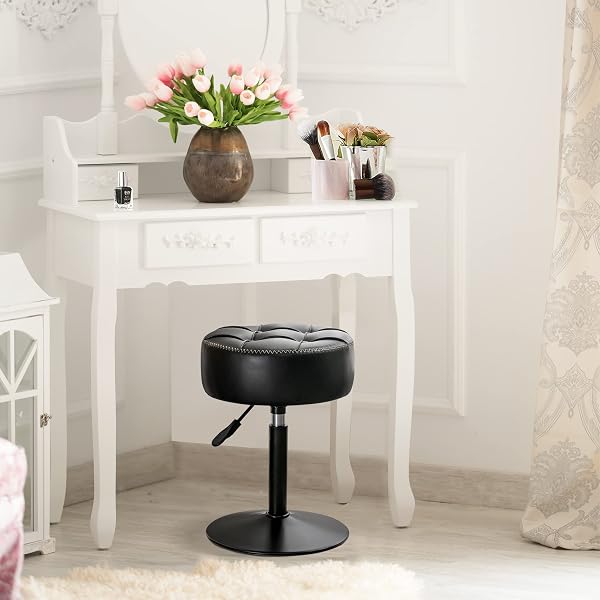 LUE BONA ADJUSTABLE VANITY STOOL, 360°SWIVEL VANITY CHAIR FOR MAKEUP ROOM, BLACK STOOL CHAIR FOR VANITY, SMALL FAUX LEATHER VANITY STOOLS FOR BATHROOM, LIVING ROOM