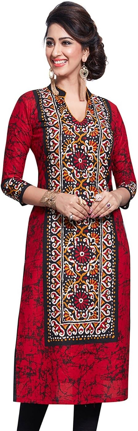 Jevi Prints Women's Red & Black Battik Readymade Cotton Kurta/Kurti (K-1612)