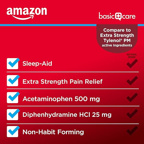 AMAZON BASIC CARE ACETAMINOPHEN PM CAPLETS, PAIN RELIEVER PLUS NIGHTTIME SLEEP AID, EXTRA STRENGTH, HELPS OCCASIONAL MINOR ACHES, PAINS AND HEADACHE RELIEF, 100 COUNT, PACKAGING MAY VARY