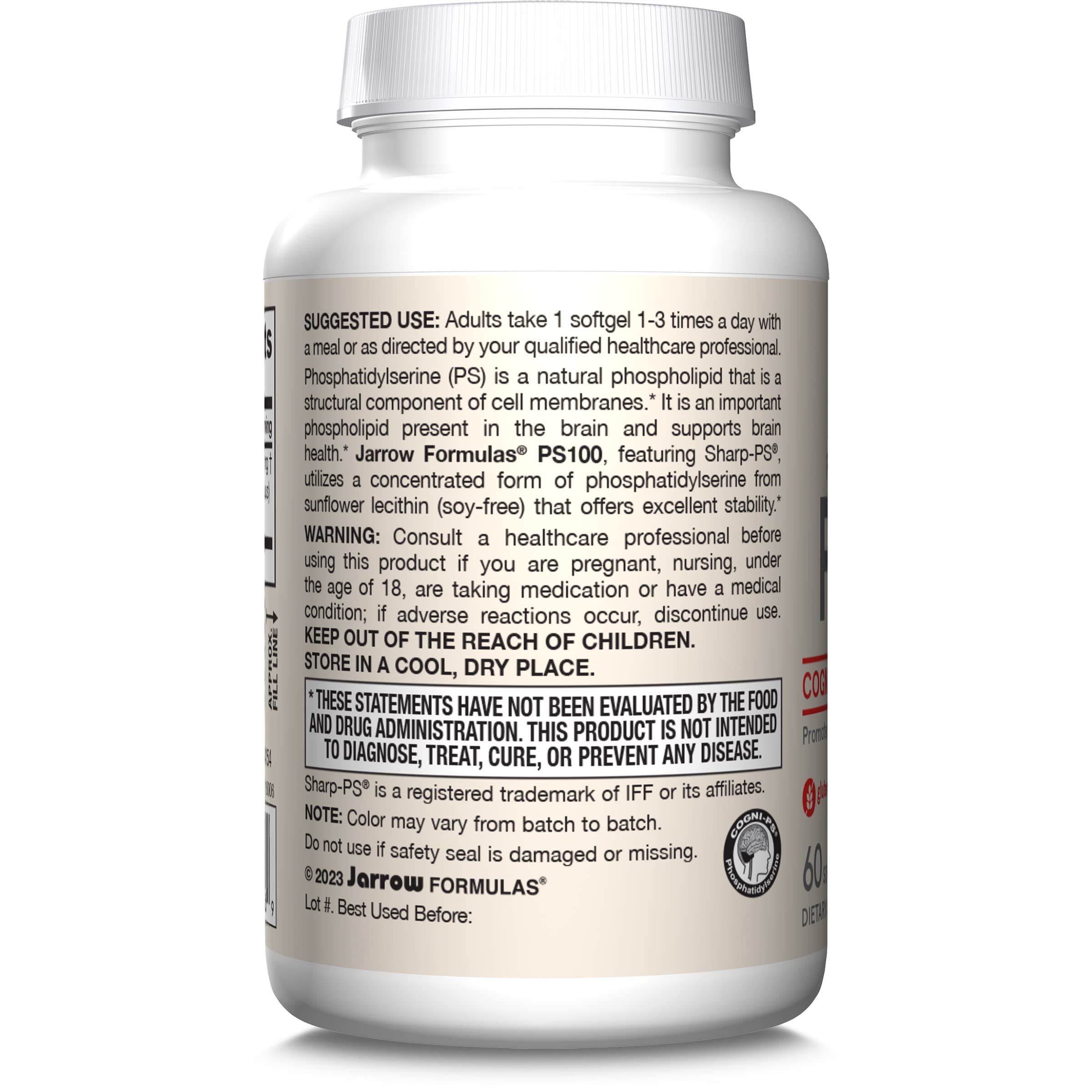 Jarrow Formulas PS100 Phosphatidylserine 100 mg, Dietary Supplement for Brain Health and Cognition Support, 60 Softgels, 20-60 Day Supply