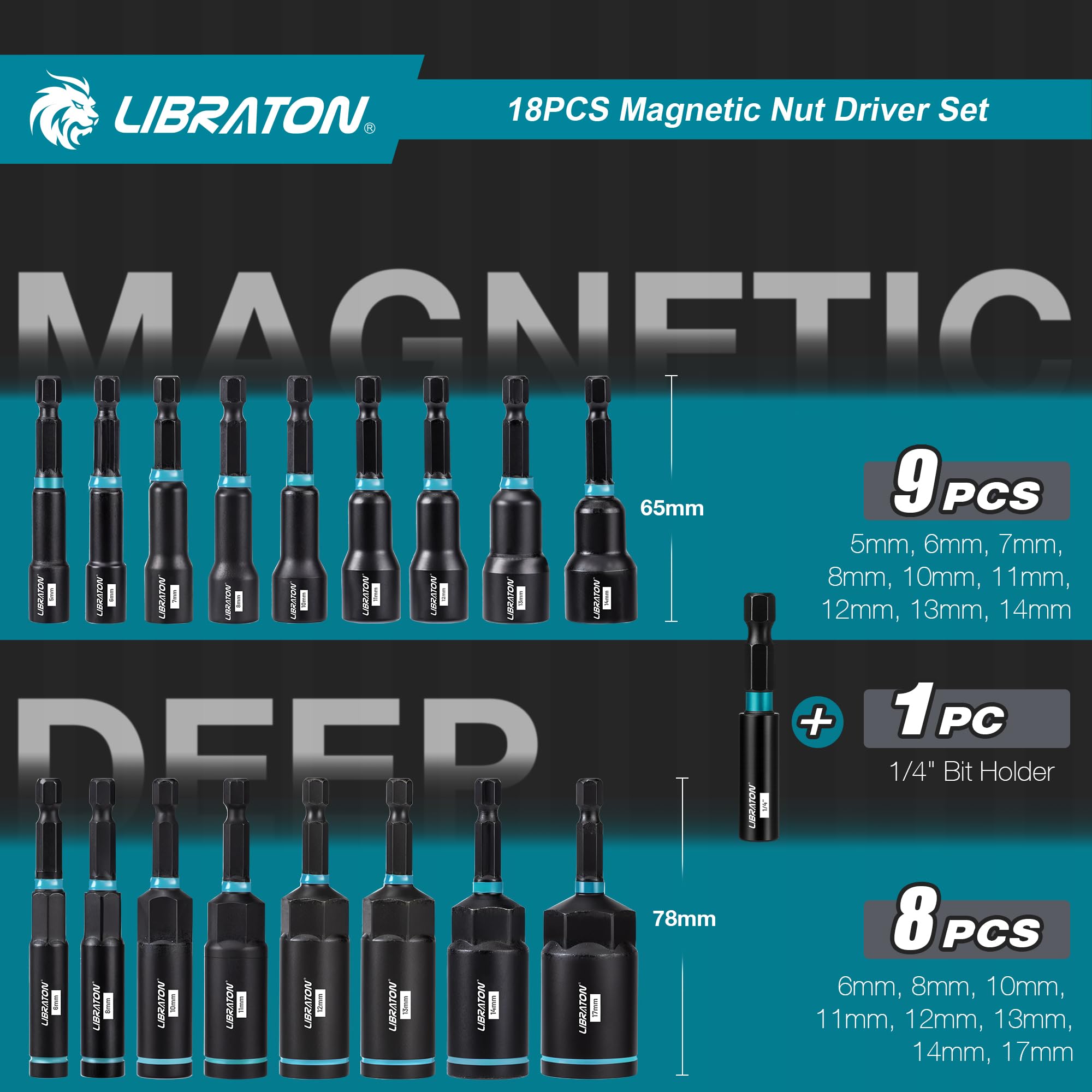 LIBRATON 24 Magnetisches Steckschlüssel-Set, Schlagbohrschrauber-Bit-Set 1/4 Zoll, Metrische und SAE Magnet Stecknuss für Schlagbohrmaschinen, Stecknuss Adapter, Bithalter, Bohrer, mit Werkzeugkasten 3