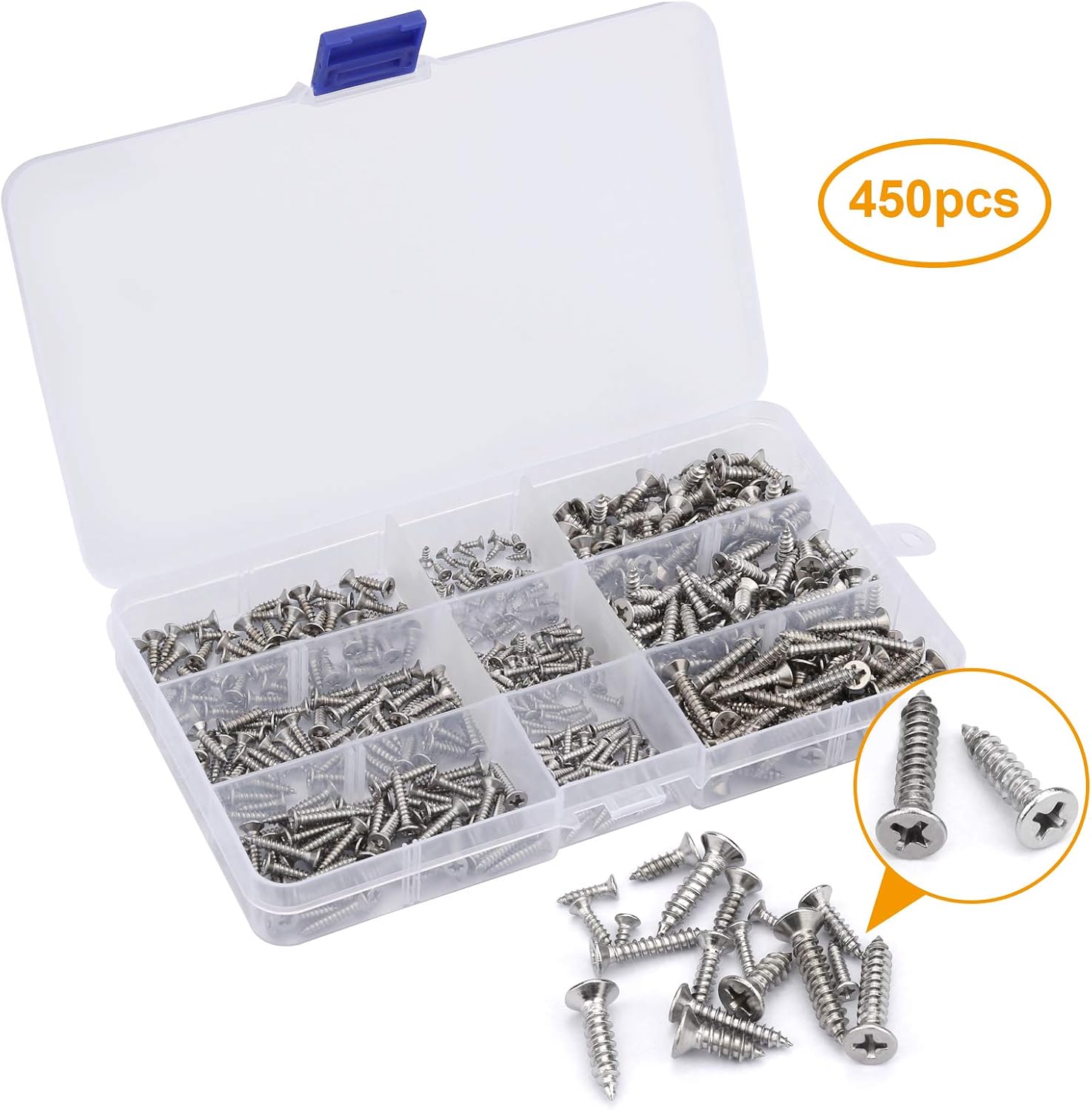 200-Piece M4 Stainless Steel Self-Tapping Screw Assortment — Phillips Pan/Flat Head, Sheet Metal Screws, Bulk Hardware Kit