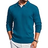COOFANDY Men's Long Sleeve Polo Sweater Knit Casual V-Neck Collared Golf Polos - Blue