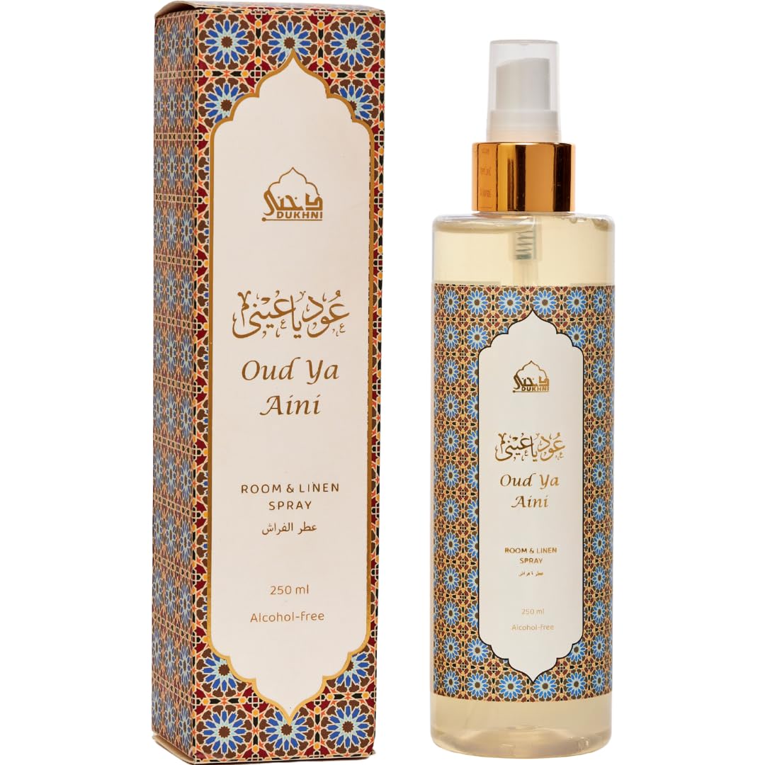 Oud Room & Linen Spray by Dukhni | 250ml Aini Air Freshener, Room Mist, for Bed Linen, Fabrics, Sofa and Prayer Mats | Islamic gifts, Free from Alcohol, Odour eliminator for strong odour