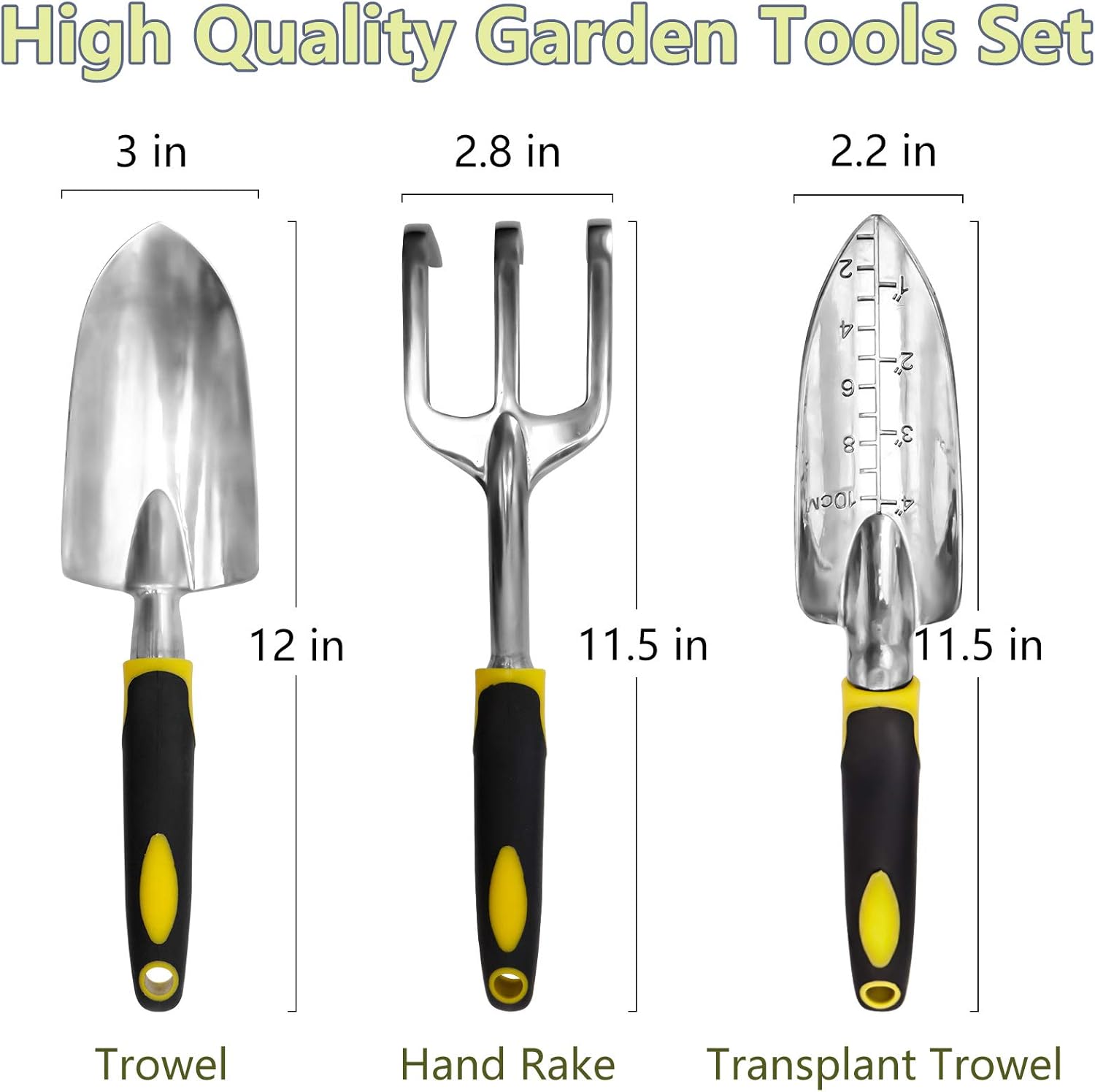 KY Gardening Tools, Garden Tool Set Heavy Duty Cast-Aluminum Gardening Kit Ergonomic Rubber Handle Non-Slip Include Hand Shovel Transplant Trowel with Scale and Cultivator Hand Rake 3 PCS : Garden & Outdoor