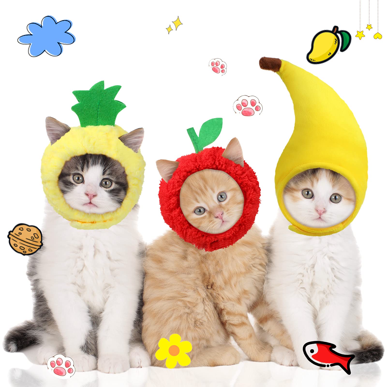 3 Pieces Cat Hats Banana Pineapple Red Fruit Shaped Hat Soft Cap Adjustable Accessories Breathable Headwear for Cat Kitten Puppy Pet Festival Birthday Theme Party Photo Prop