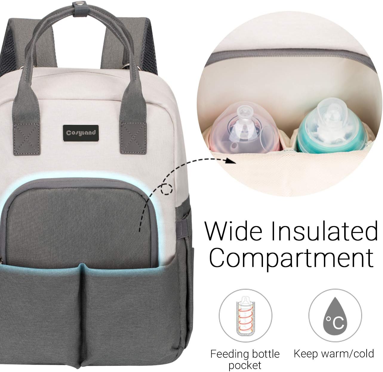 Unisex Nappy Travel Maternity Tote Baby Bag Multi-Pockets Large Capacity with Insulated Pocket Stroller Straps with Side Tissue and Back Pocket COSYLAND Diaper Bag Backpack with Laptop Pocket